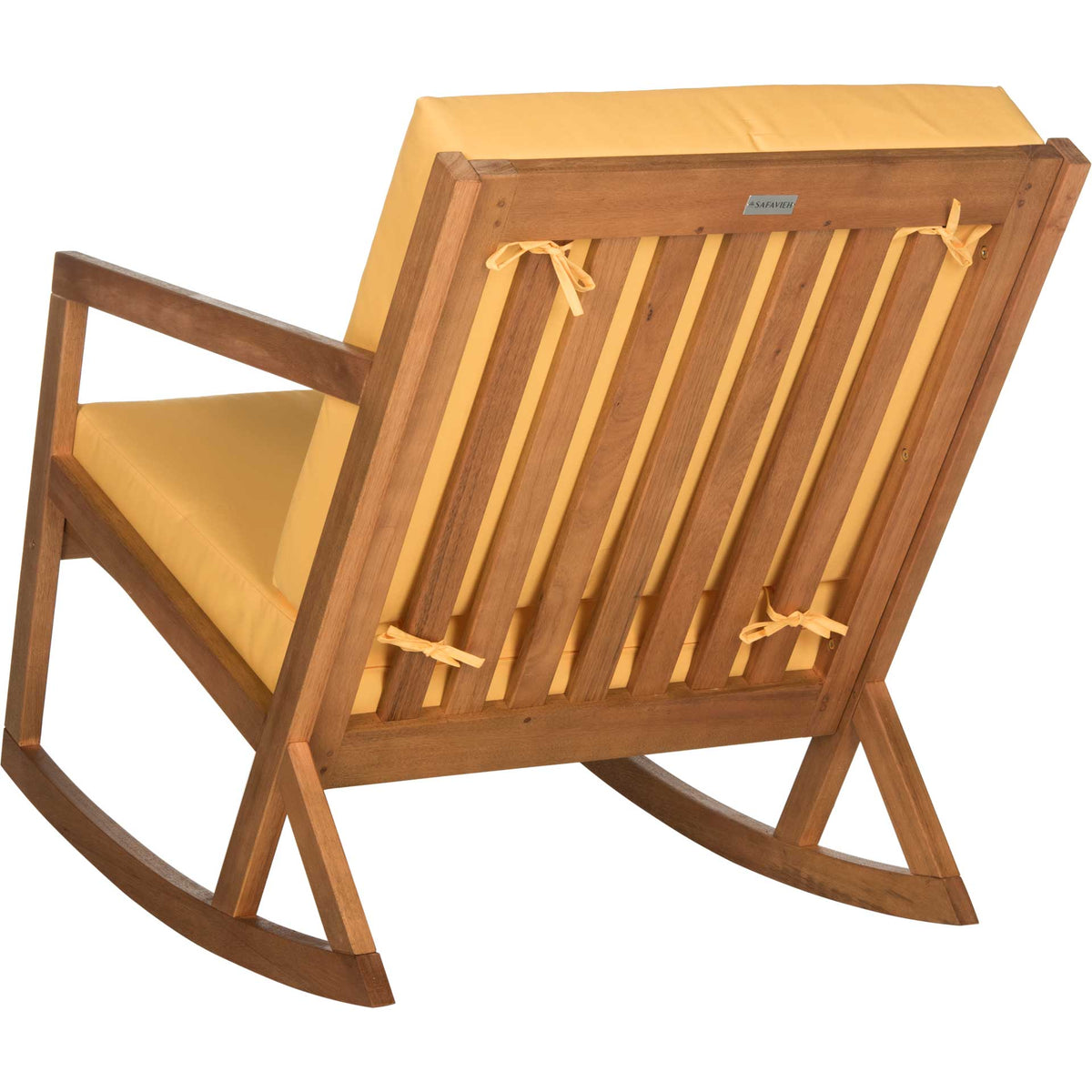 Natural eucalyptus slats and yellow cushion ties add texture to this cheerful outdoor rocker.