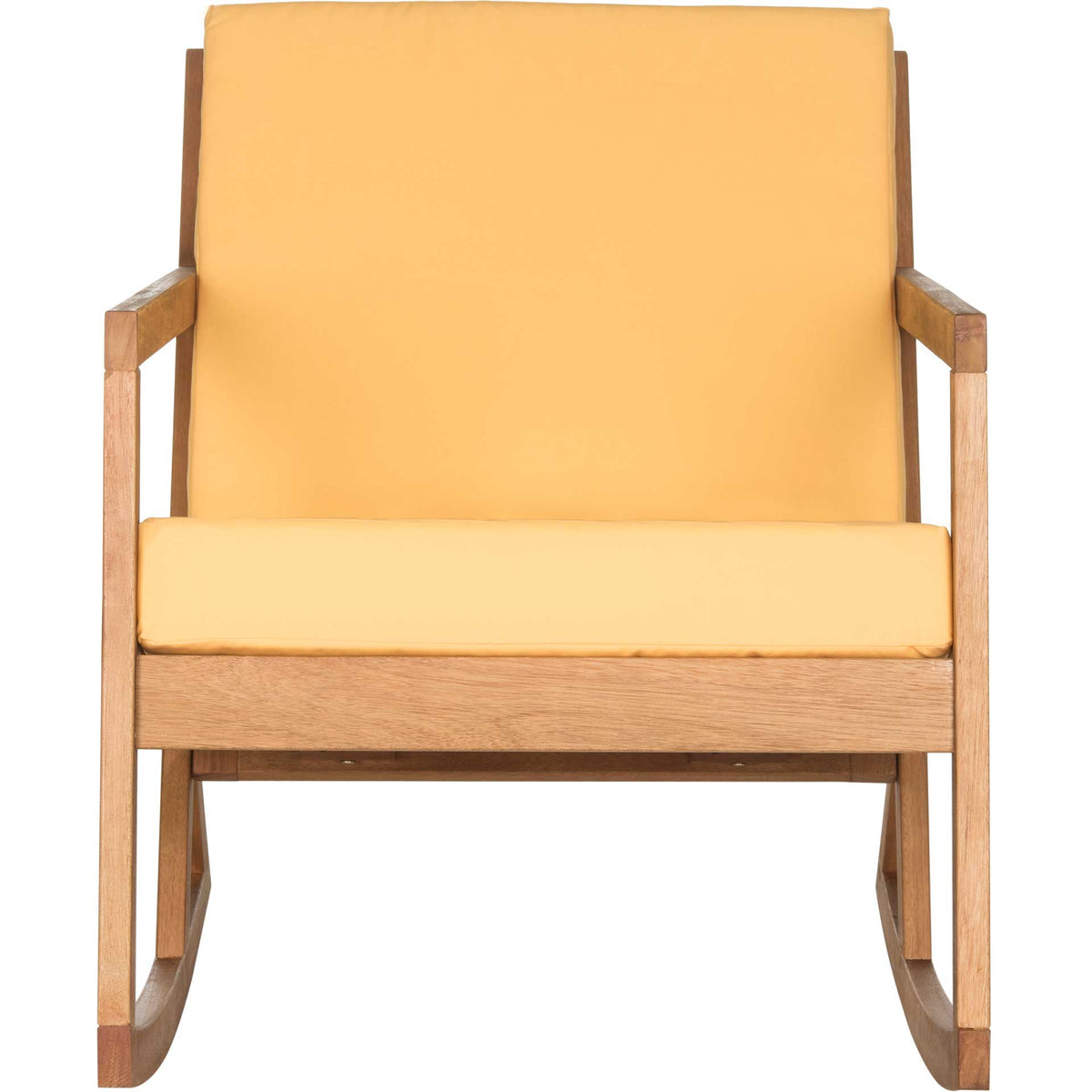 Sunny yellow cushions brighten a natural wood rocking chair with square arms and curved runners. || PAT7013B || front_studio