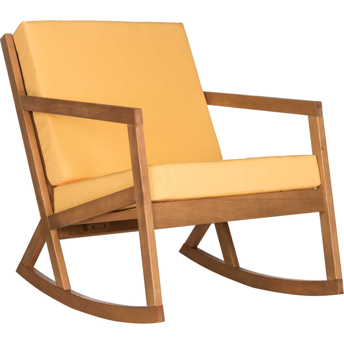 Golden yellow cushions nestle into a warm wood frame above smoothly curved rocking rails. || PAT7013B || front_angle_studio
