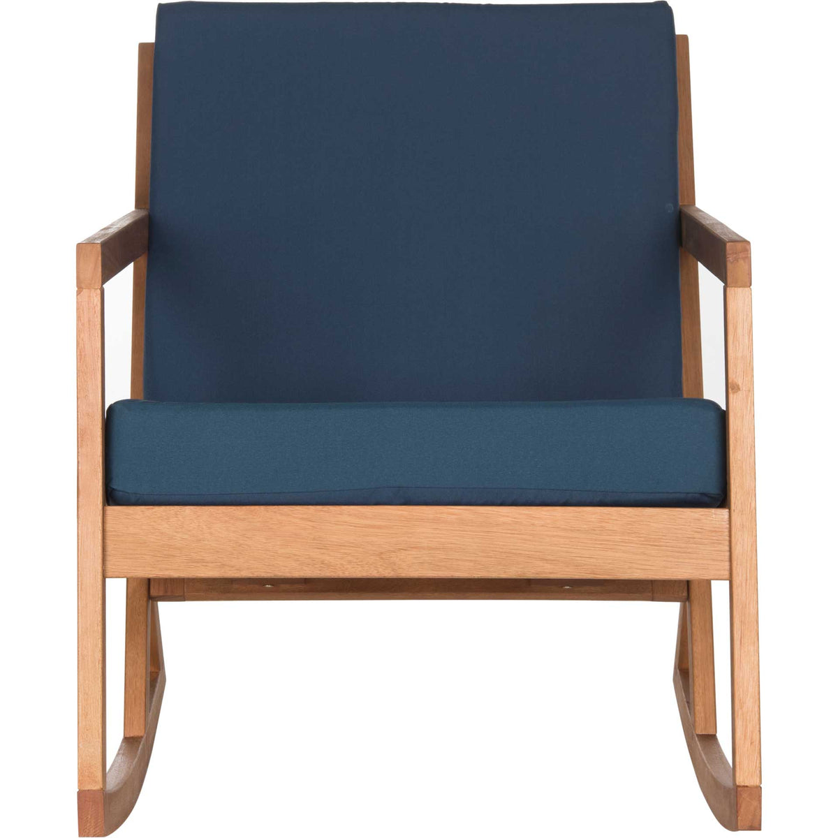 Deep navy cushions bring rich color to a natural eucalyptus wood rocking chair. || PAT7013C || front_studio