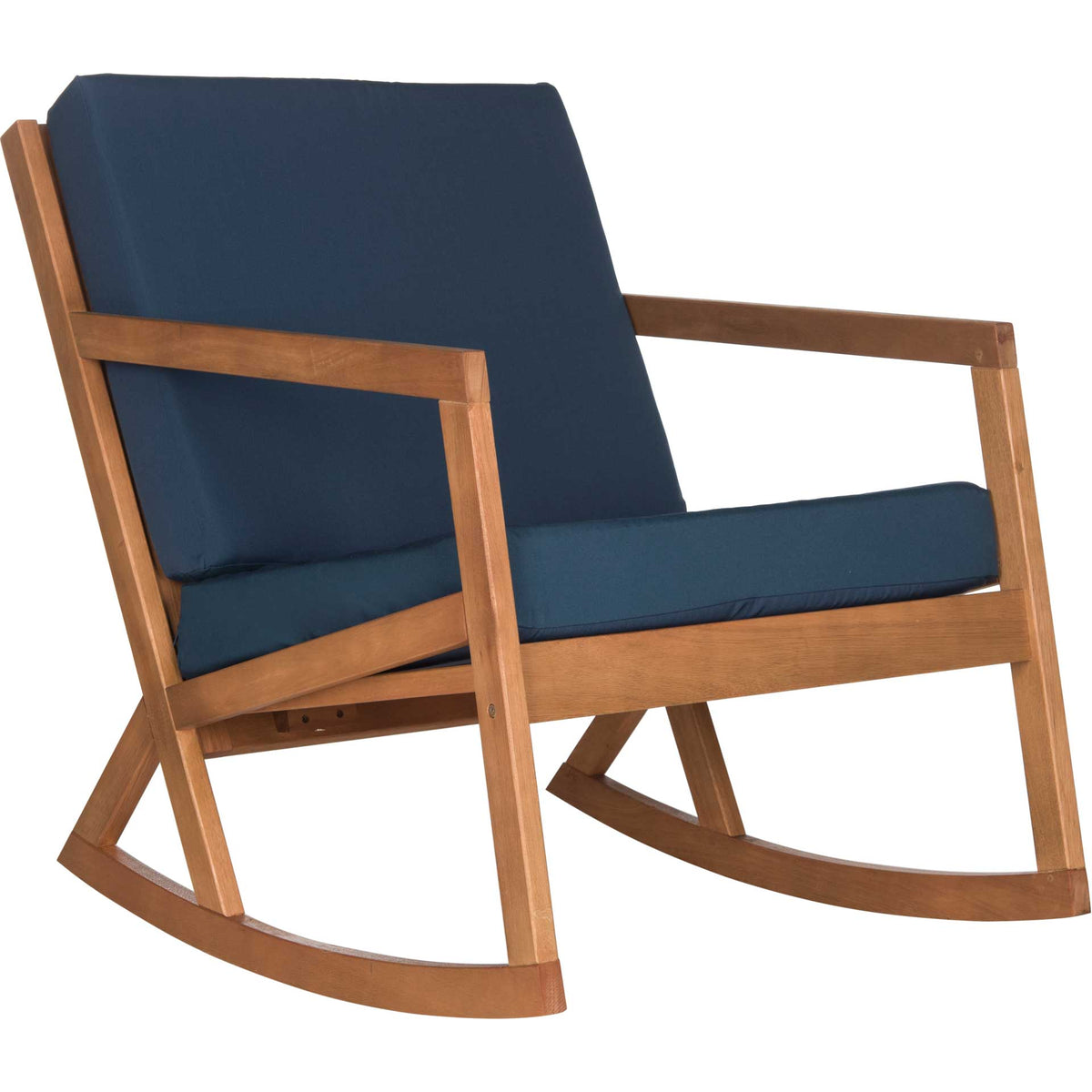 Gracefully curved runners and natural wood arms support plush navy cushions. || PAT7013C || front_angle_studio