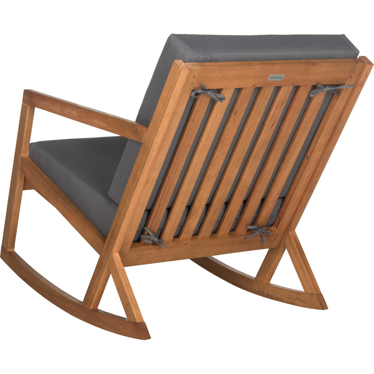 Natural wood slats and gray cushion ties offer an airy finish above the curved rockers.