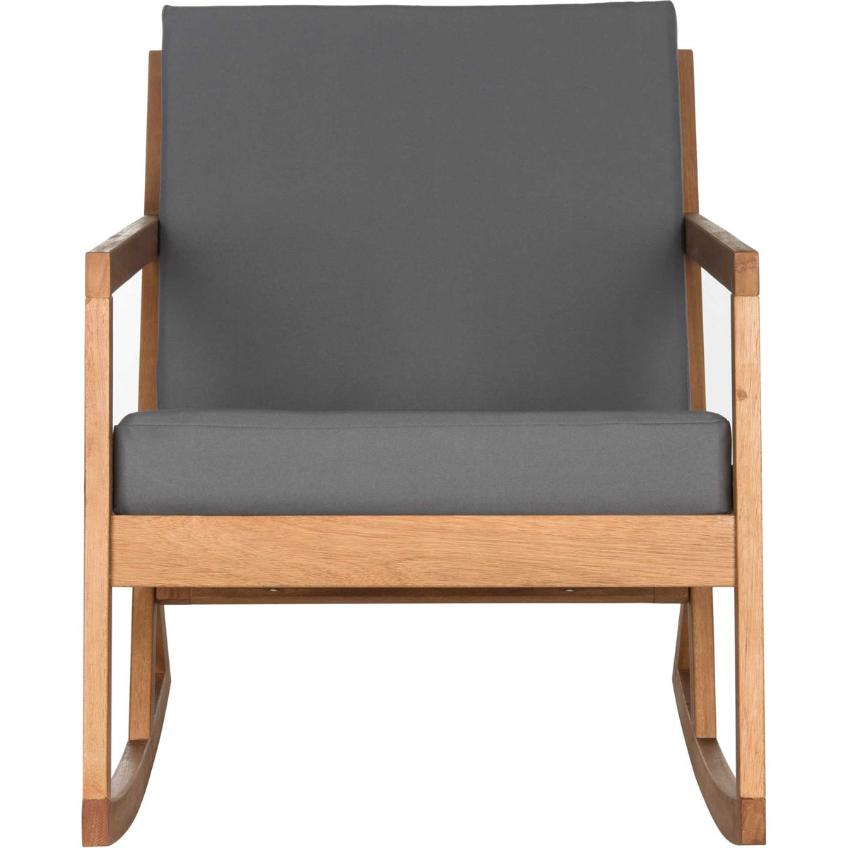 Natural eucalyptus wood and charcoal gray cushions give this outdoor rocker modern contrast. || PAT7013D || front_studio