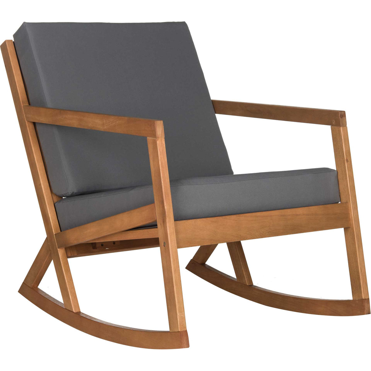 Warm wood arms and bowed runners frame a cushioned charcoal gray seat and angled back. || PAT7013D || front_angle_studio