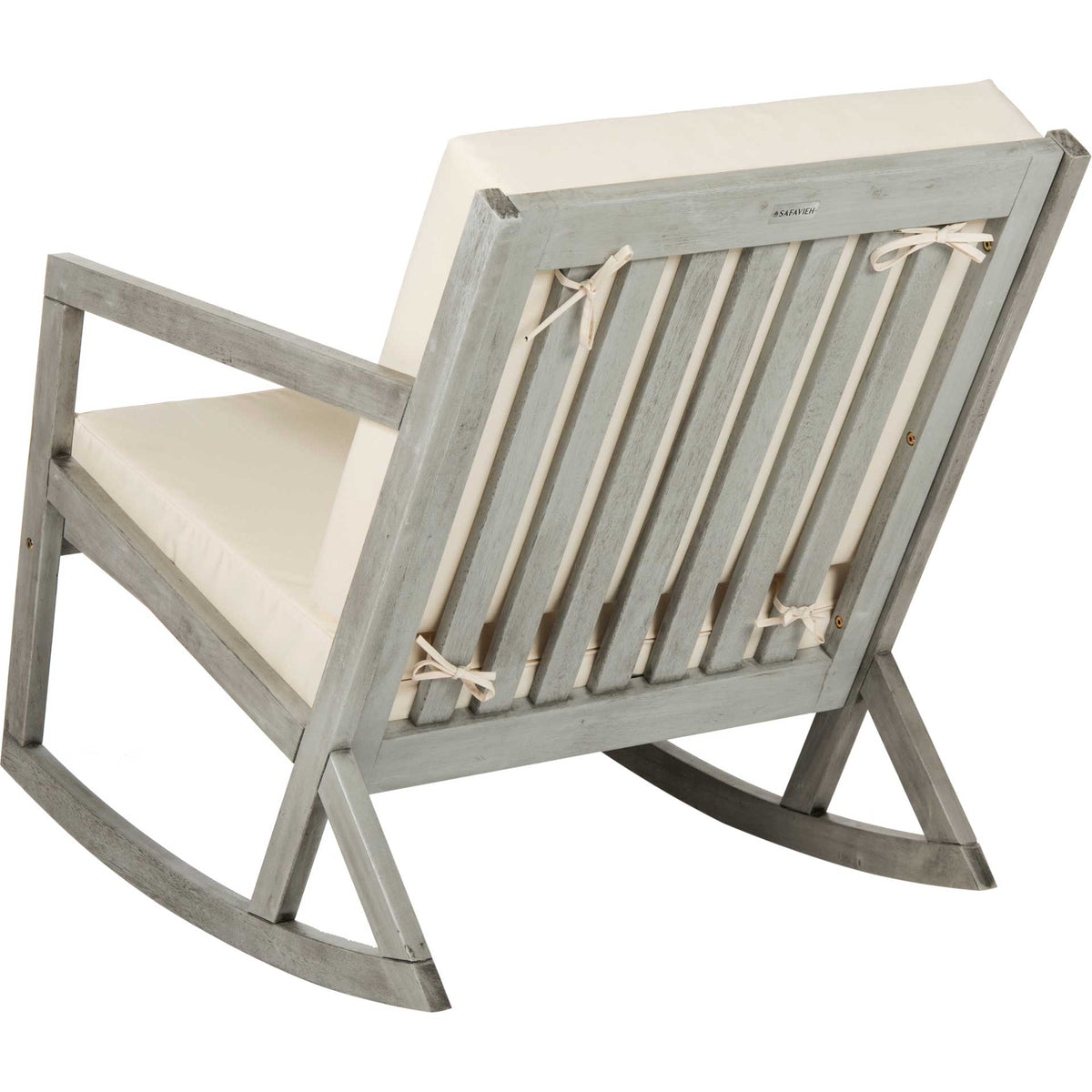 Gray slatted wood and tied beige cushions create an airy finish for this outdoor rocker.