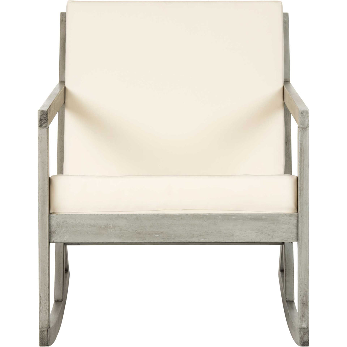 Weathered gray eucalyptus wood frames a plush beige seat and back for easy outdoor lounging. || PAT7013E || front_studio