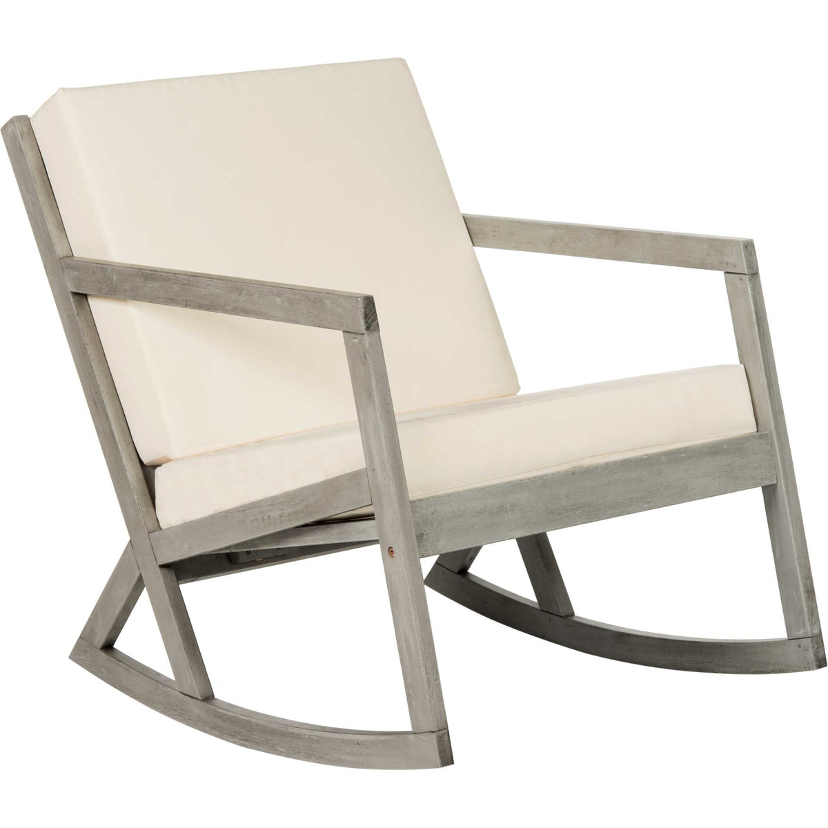 Gently curved gray rocking rails support angular arms and a generously cushioned beige seat. || PAT7013E || front_angle_studio