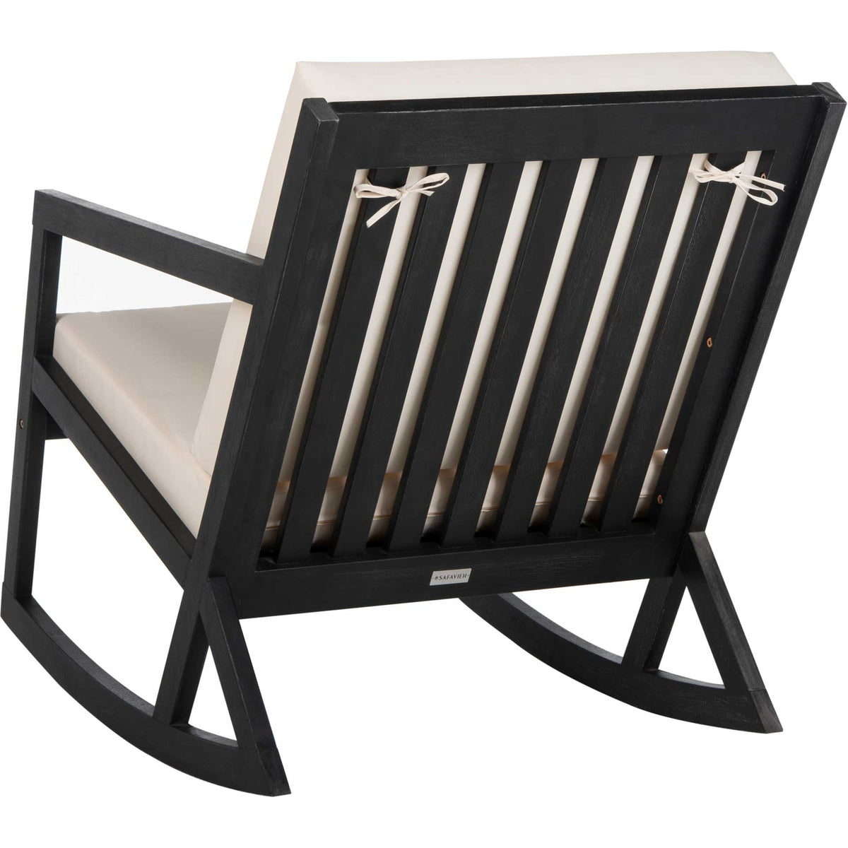 Open black slats and ivory cushion ties complement gracefully curved rocker rails.