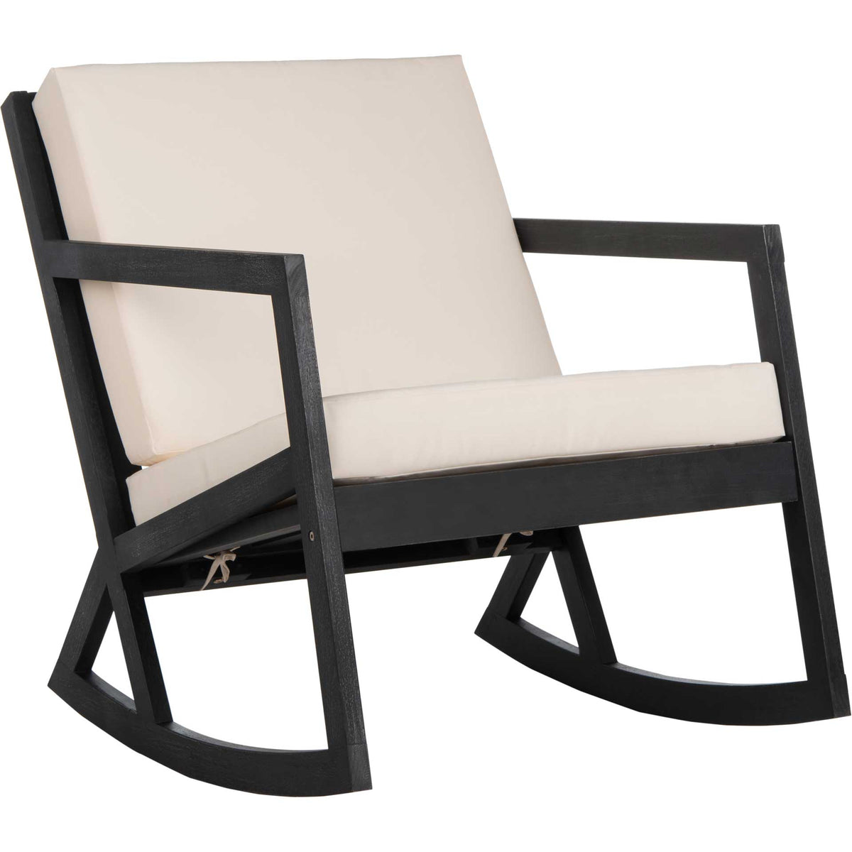Sculpted black runners and angular arms frame a roomy beige seat and cushioned back. || PAT7013F || front_angle_studio