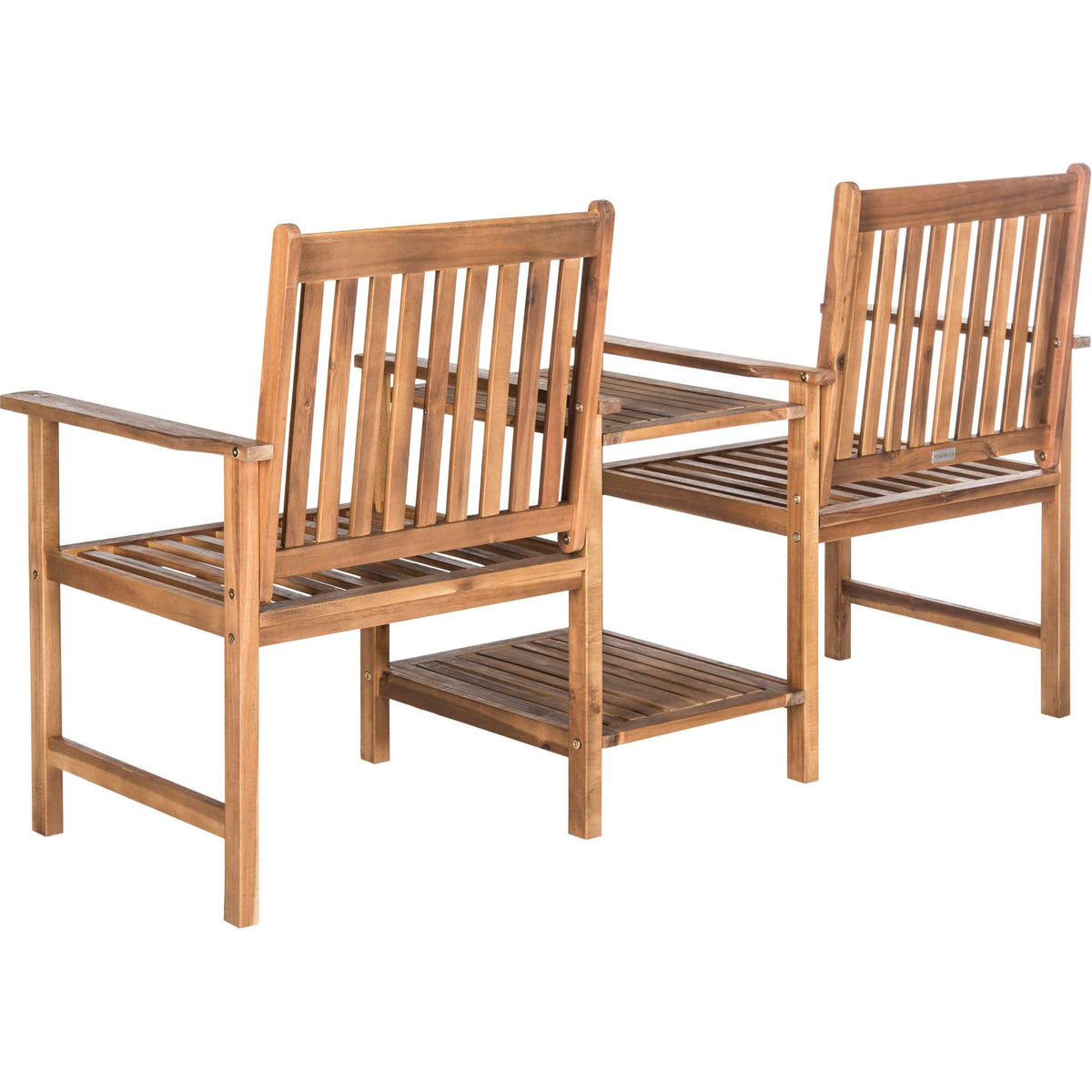 Natural acacia twin-seat bench has open-slat backs, wide armrests and an integrated two-tier table