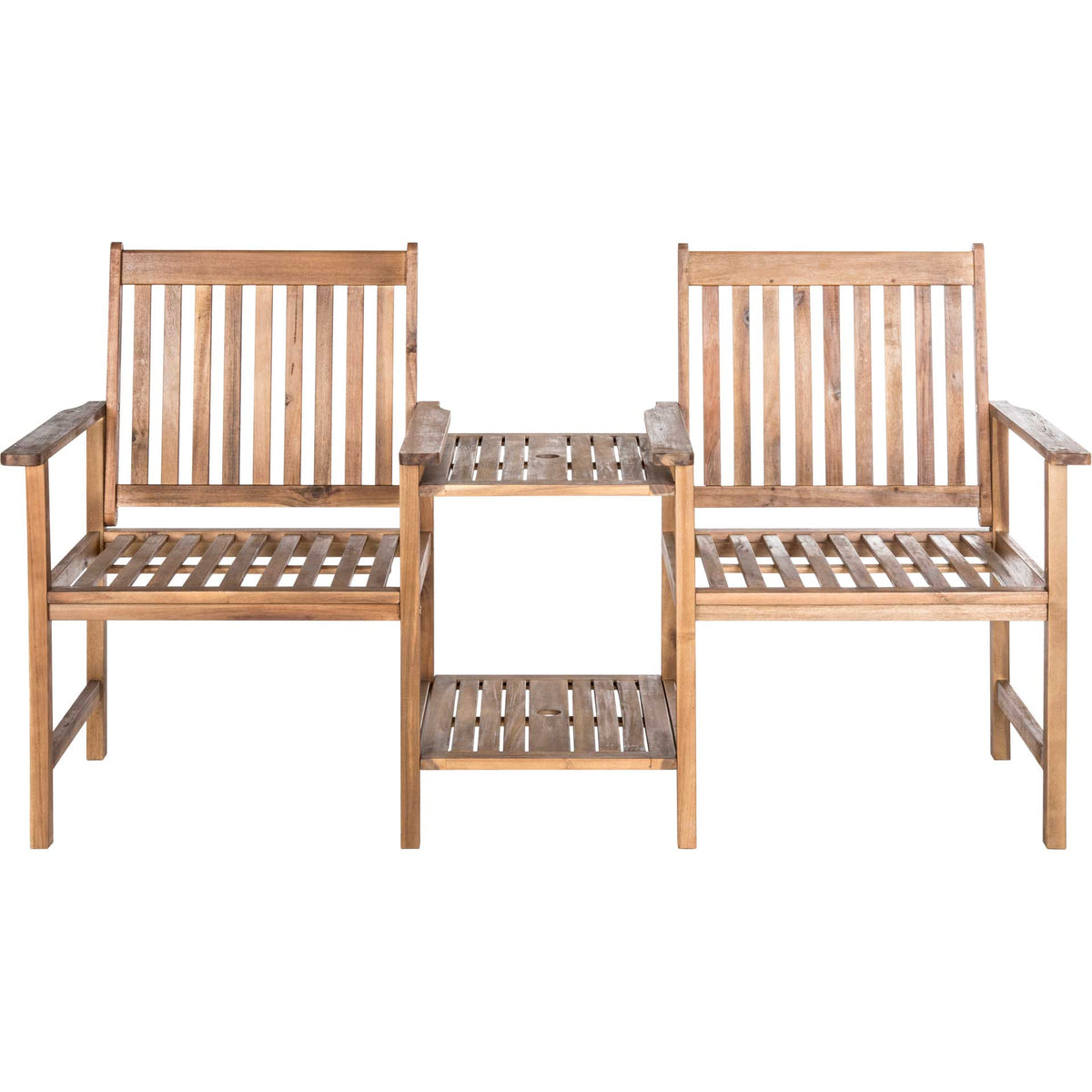 Natural wood outdoor bench features two slatted backrests flanking a compact drink table || PAT7014A || front_studio
