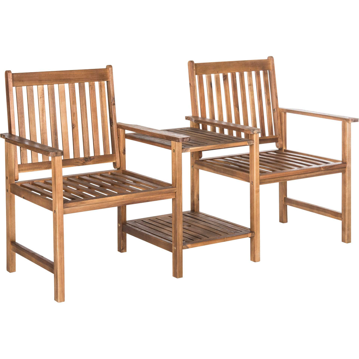 Warm natural acacia wood pairs two slatted seats with a built-in table and lower shelf || PAT7014A || front_angle_studio