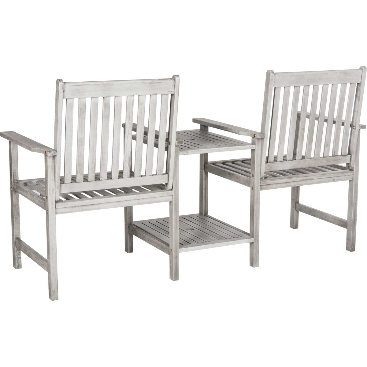 Gray acacia bench combines two slatted backrests, broad armrests and a two-tier center table
