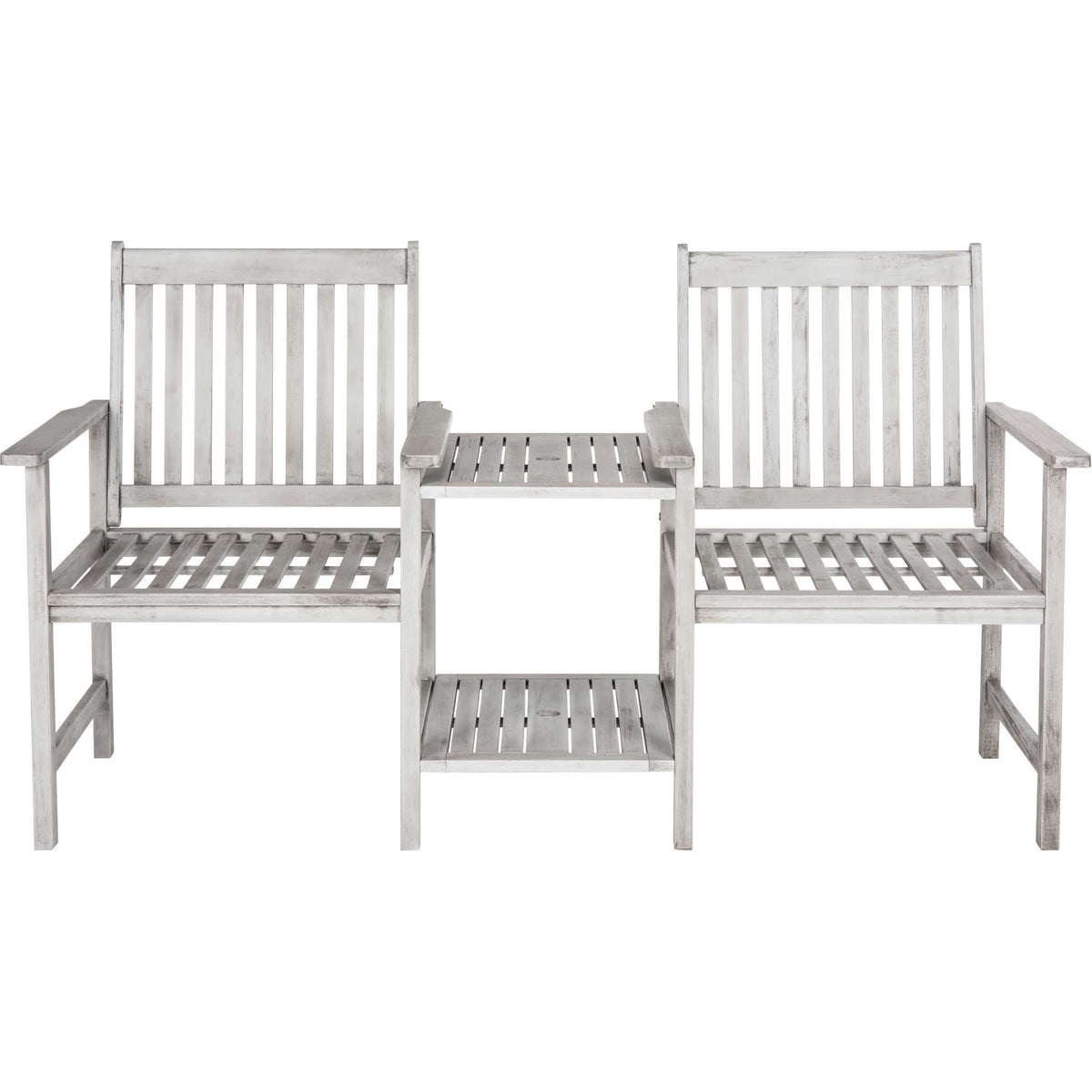 Gray twin-seat outdoor bench has upright slatted backs and a built-in drink table || PAT7014B || front_studio