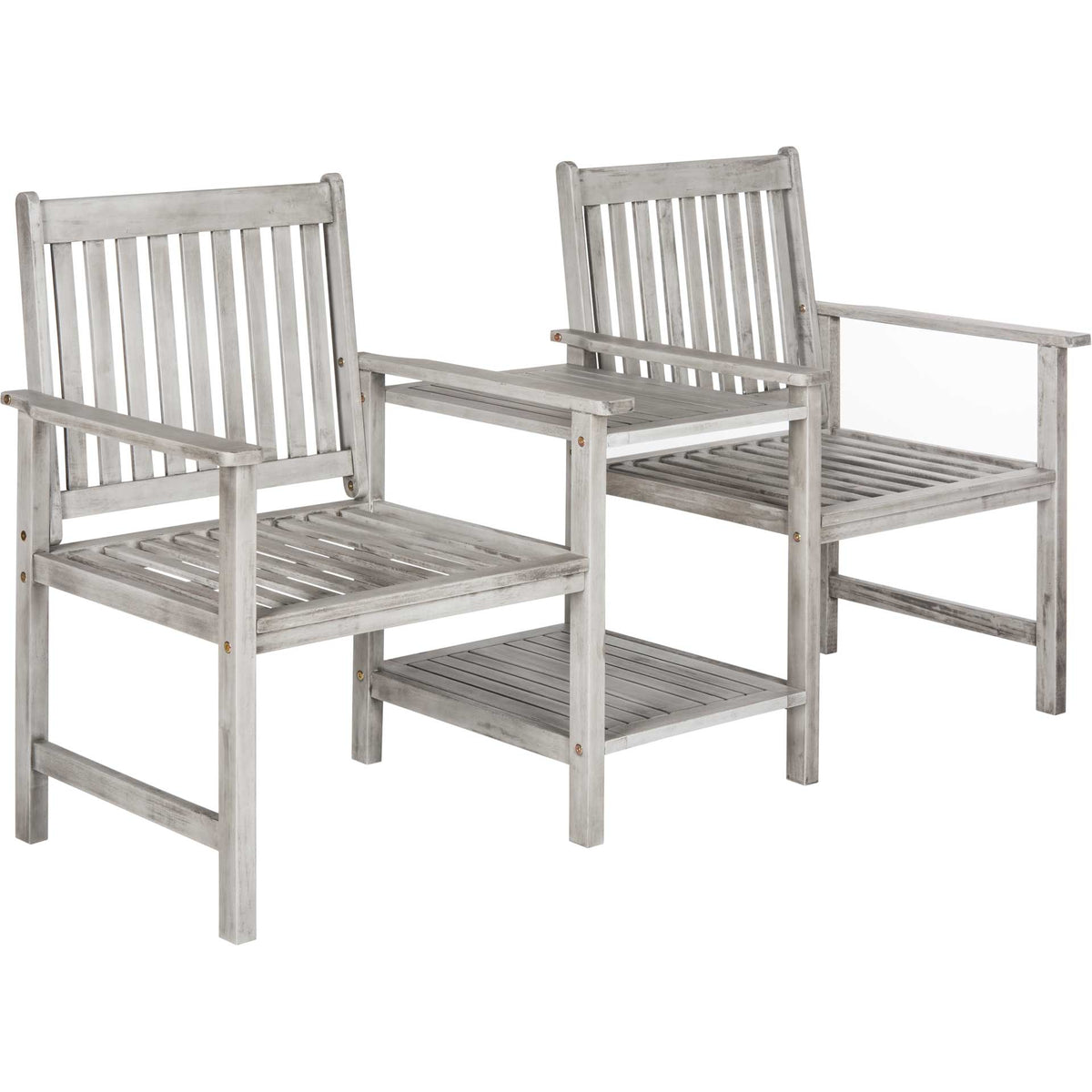 Weathered gray acacia bench pairs two slatted seats with a shared table and lower shelf || PAT7014B || front_angle_studio