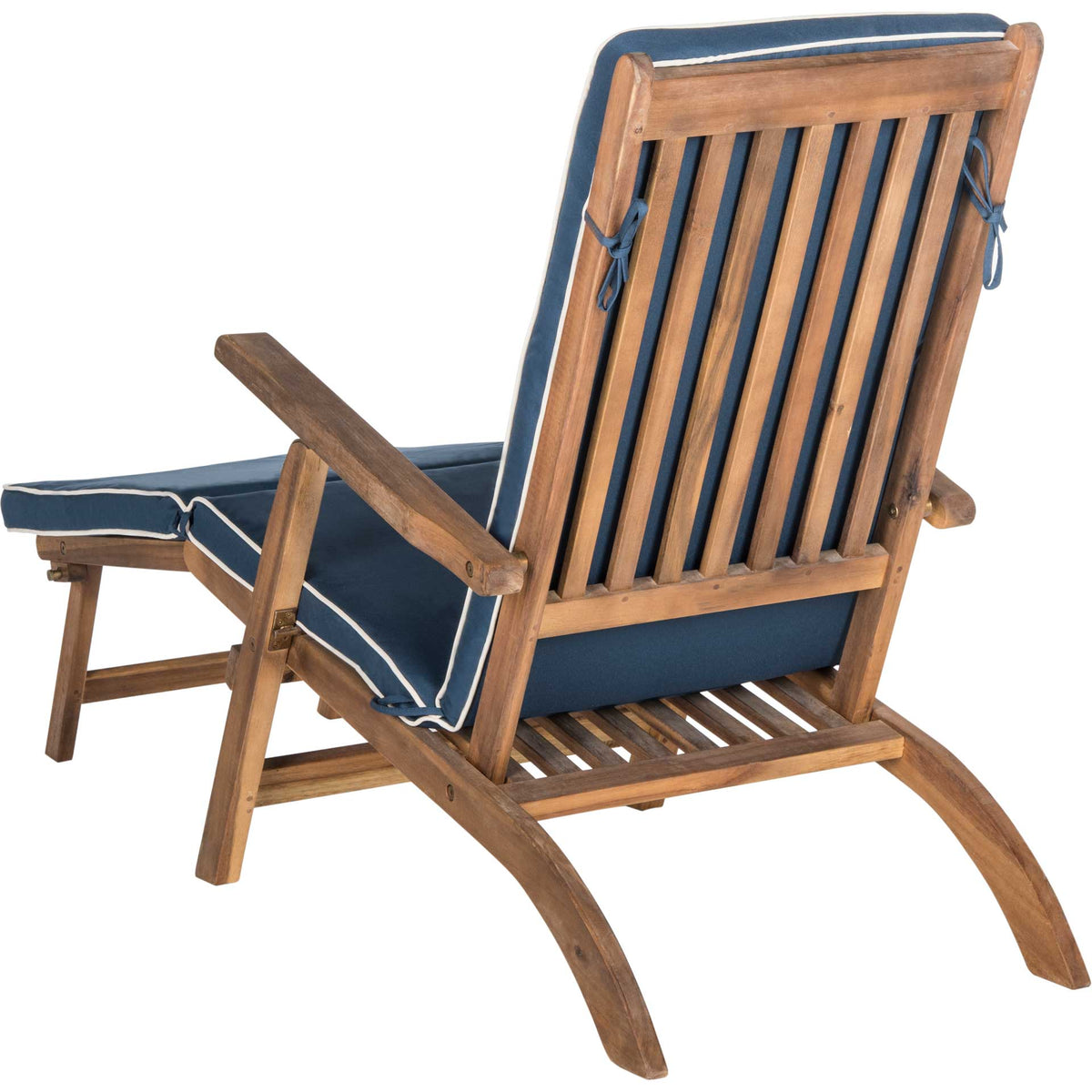 Natural wood slats and sweeping rear legs add warmth to the cushioned lounge chair