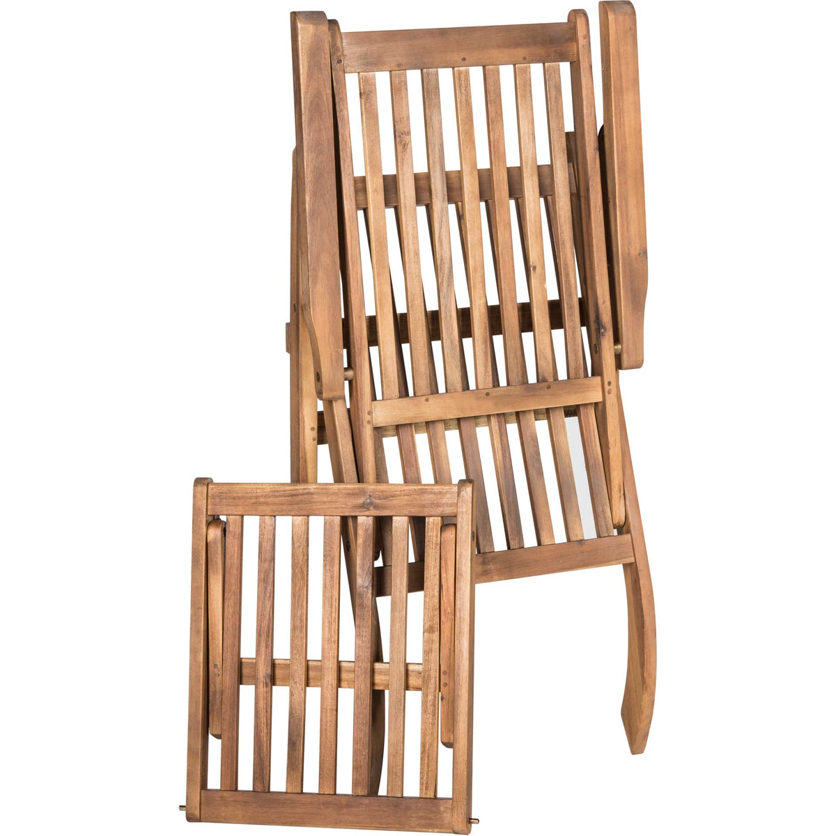 Folded natural wood frame shows its slatted back and footrest