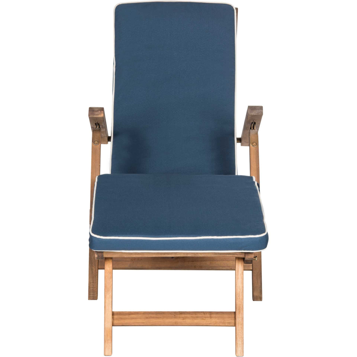 Navy cushions with crisp white piping complement the natural wood lounge chair || PAT7015A || front_studio