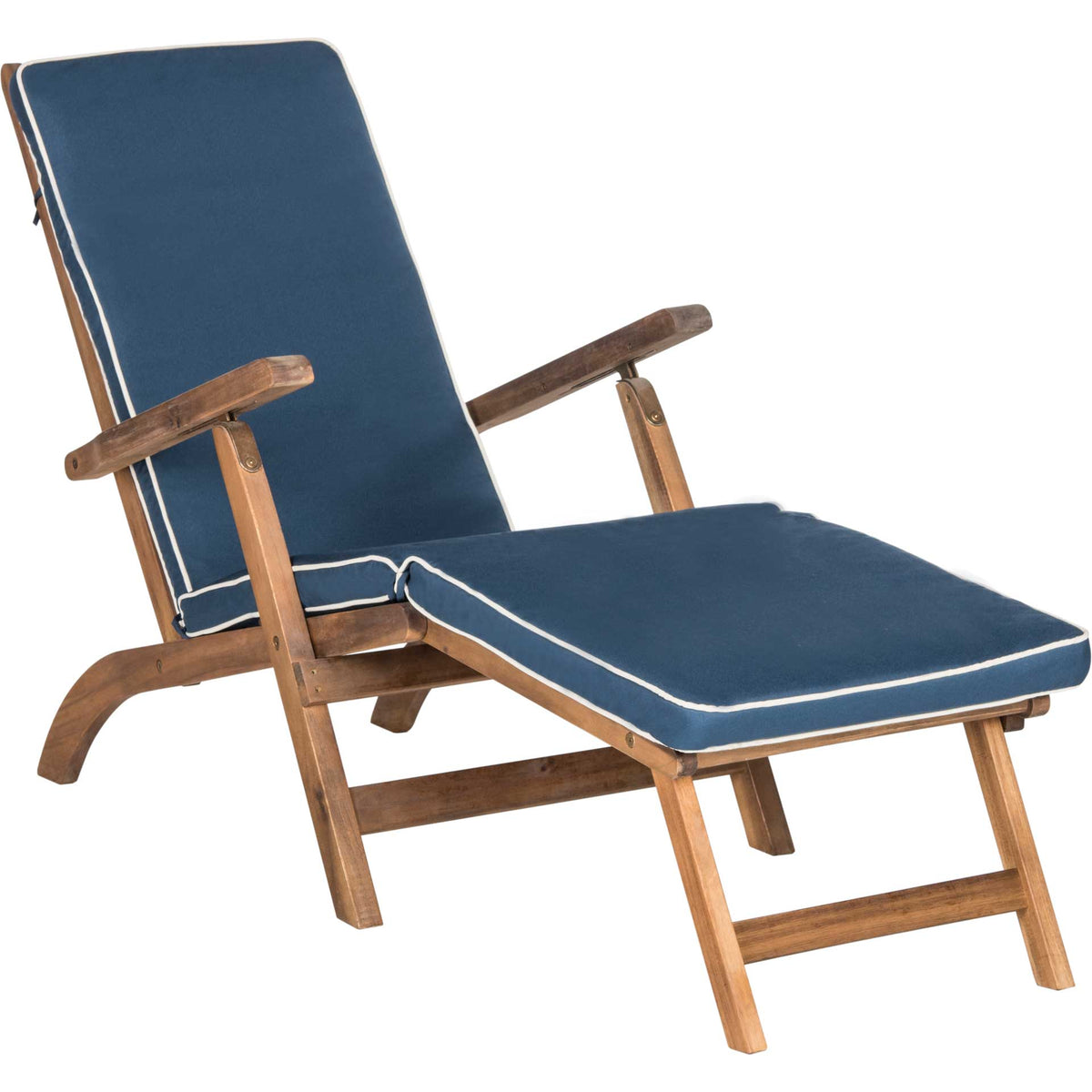 Reclining lounge chair pairs navy cushions and white piping with warm acacia wood || PAT7015A || front_angle_studio