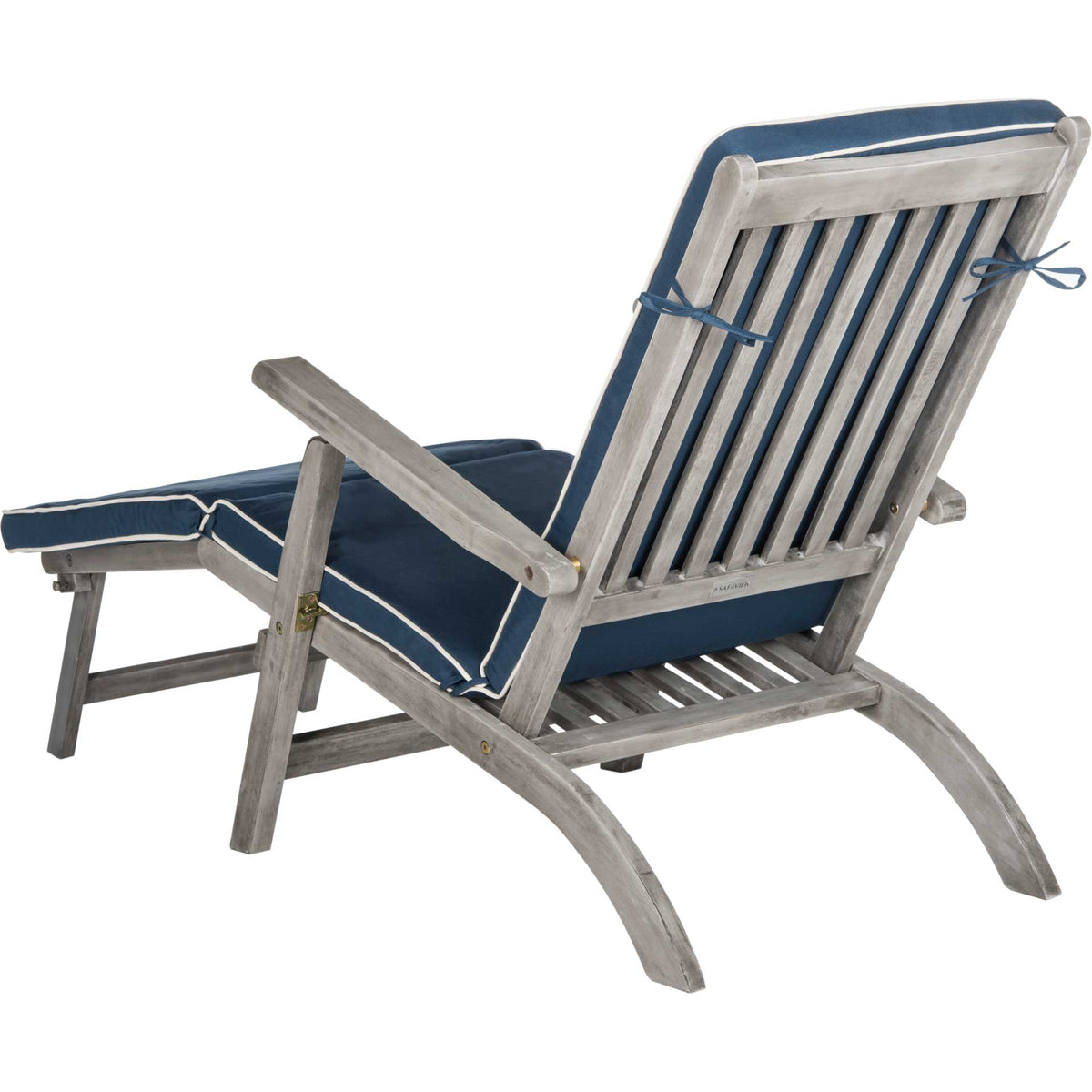 Slatted gray wood back and curved rear legs give the cushioned lounge chair an airy look