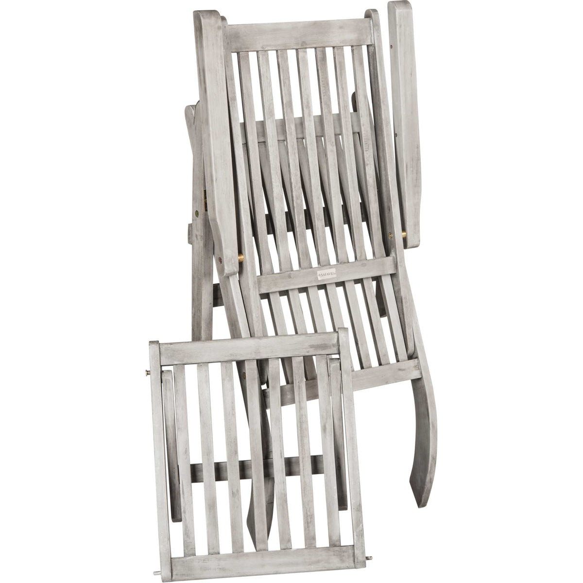 Folded gray wood frame reveals the slatted back and footrest
