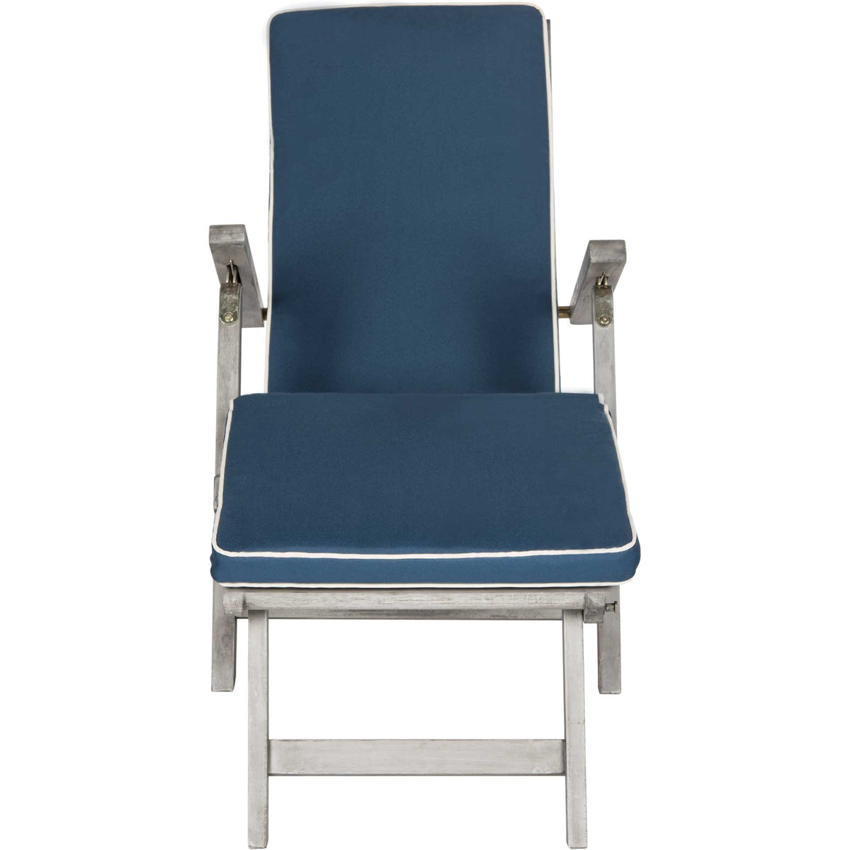 Navy seat and back cushions contrast with the weathered gray wood frame || PAT7015B || front_studio
