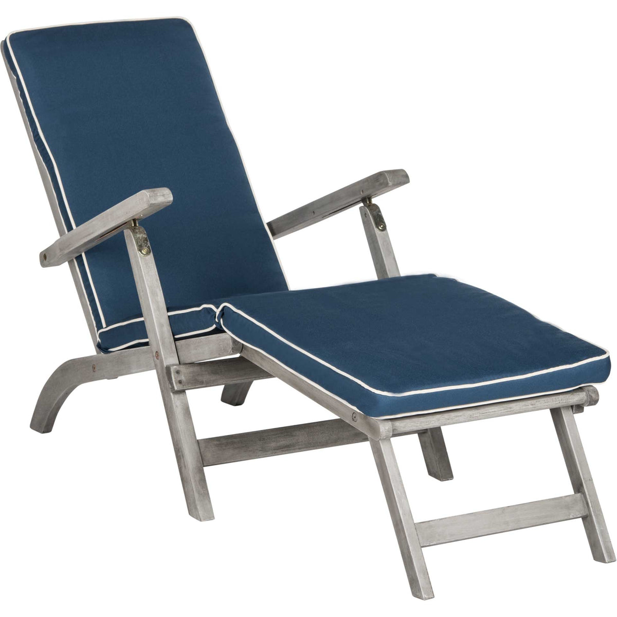 Navy cushions with white piping pair with a reclining gray acacia wood frame || PAT7015B || front_angle_studio