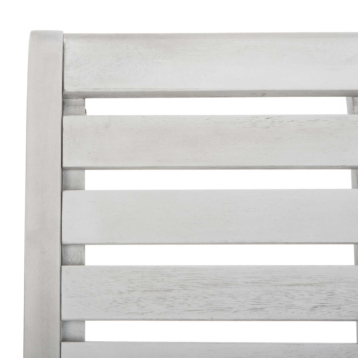 Subtle gray wood grain brings texture to the evenly spaced slats of the chair's backrest