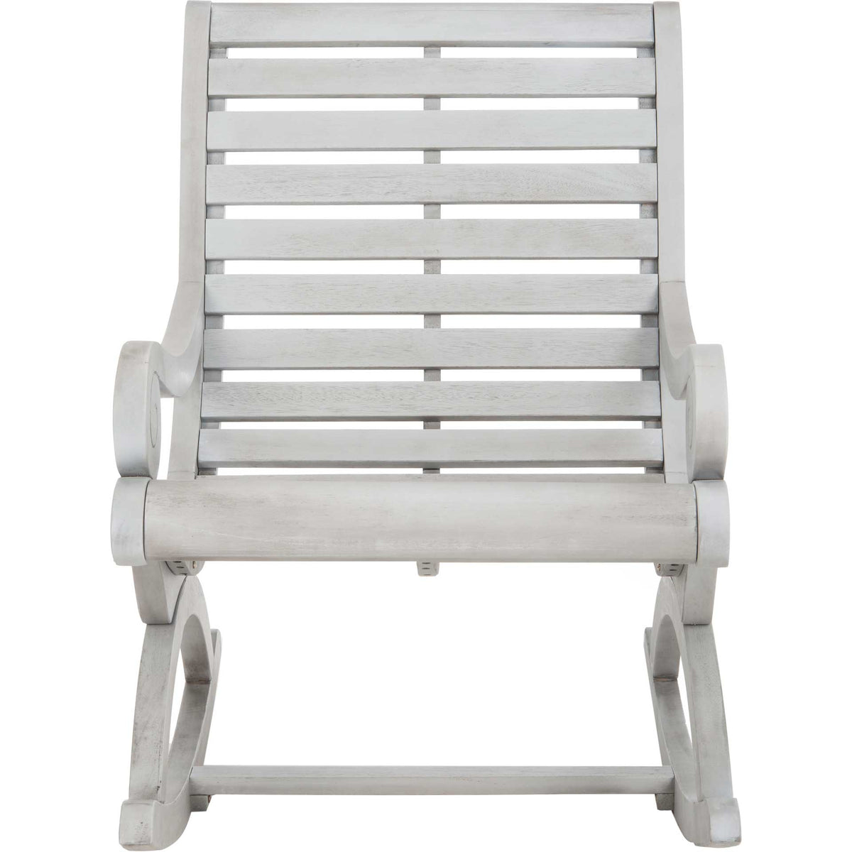 Tall, open slats and rounded scroll arms give this ash gray wooden rocker a breezy look || PAT7016A || front_studio
