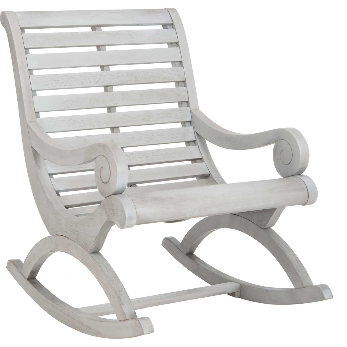 Ash gray wood rocking chair pairs scroll arms with a slatted back and gracefully curved runners || PAT7016A || front_angle_studio