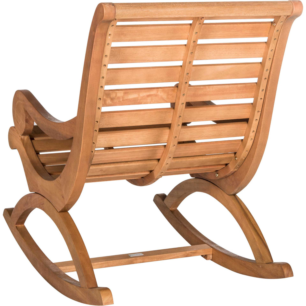 Sturdy curved supports and sweeping rockers frame the warm natural wood slats