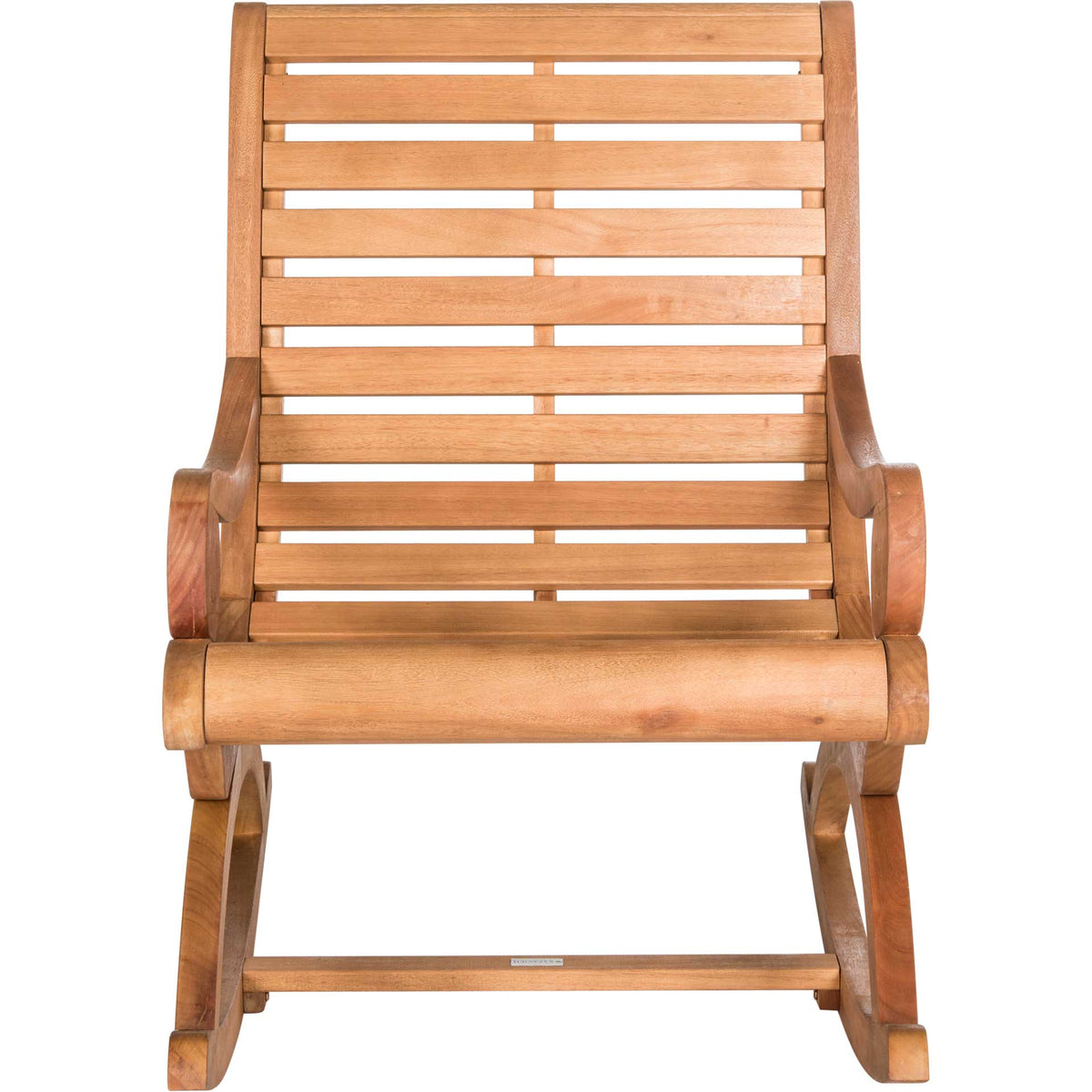 Warm natural wood and an open slatted back give this rocking chair timeless outdoor appeal || PAT7016B || front_studio