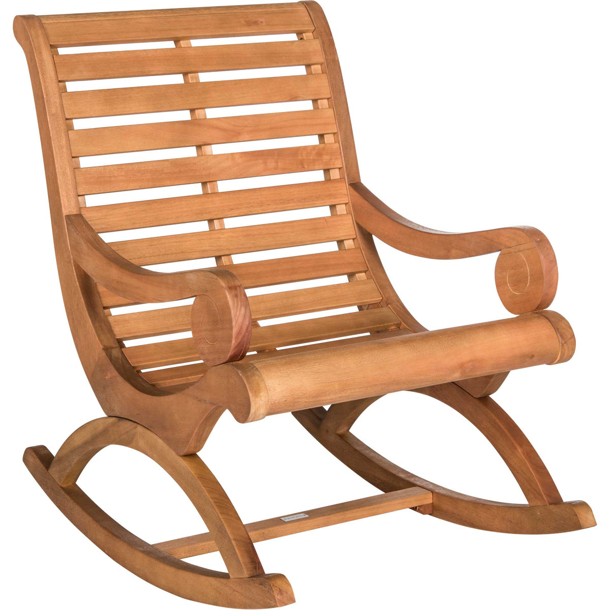 Natural wood rocking chair combines scroll arms, a slatted back and arched rocker rails || PAT7016B || front_angle_studio