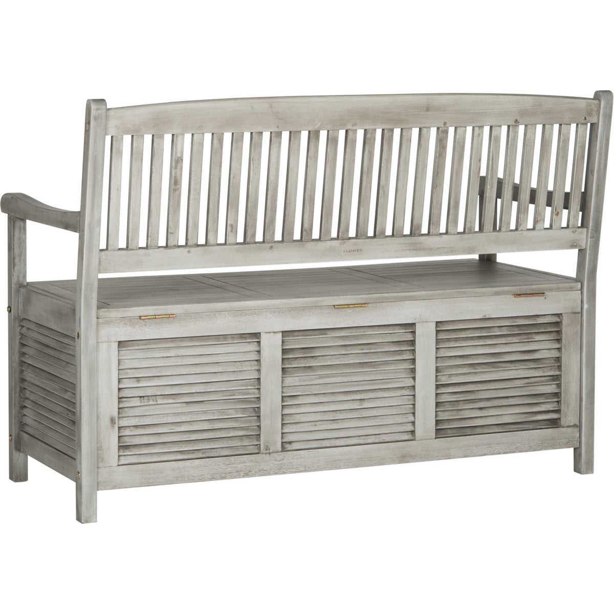 Exposed seat hinges, vertical slats, and louvered panels detail this weathered gray storage bench.