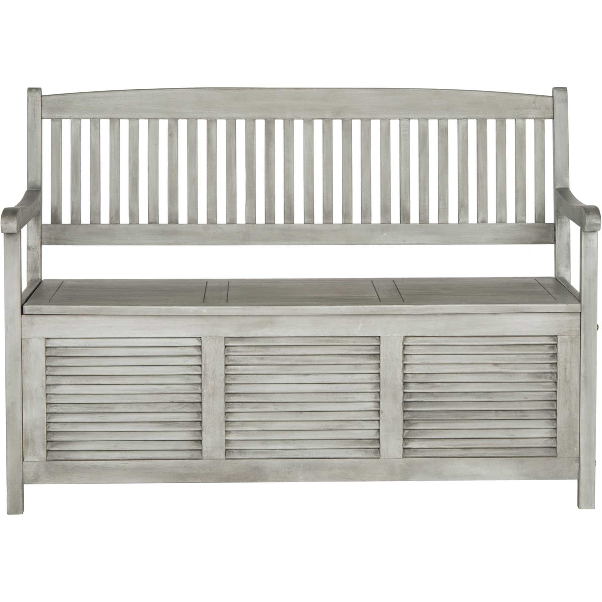 A gray wooden bench seats two above a concealed chest with three louvered panels. || PAT7017A || front_studio