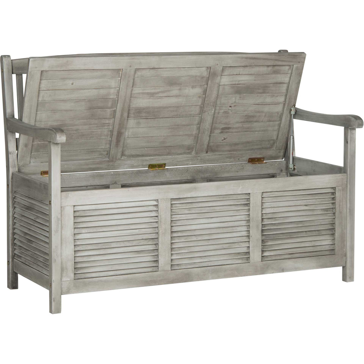A hinged seat lifts to reveal hidden storage in this gray wood bench, supported by metal hardware.