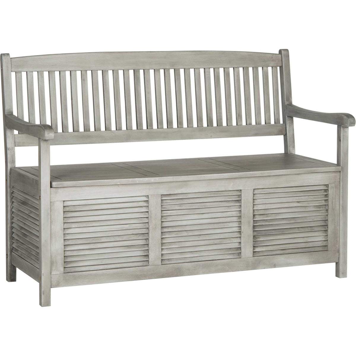 Weathered gray acacia bench pairs gently curved arms with a slatted back and louvered storage panels. || PAT7017A || front_angle_studio