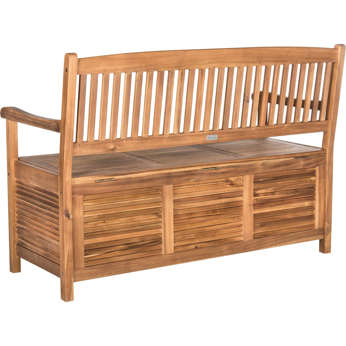 Visible seat hinges, vertical back slats, and louvered wood panels define this natural acacia bench.