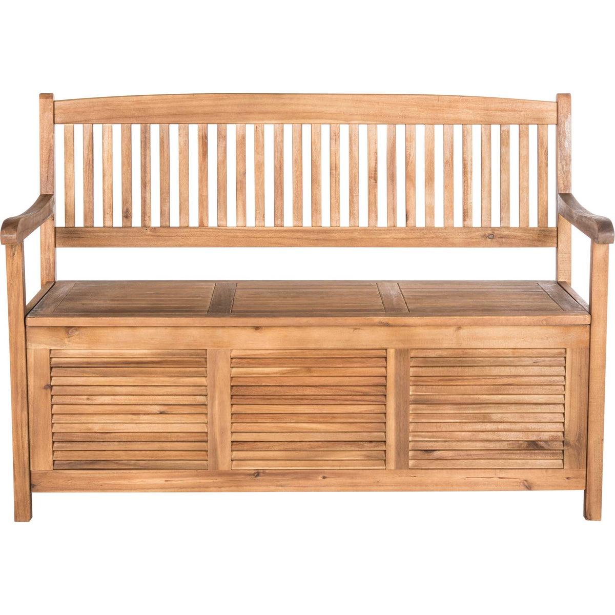 A natural wood bench combines a slatted back and broad seat with a three-panel louvered chest. || PAT7017B || front_studio