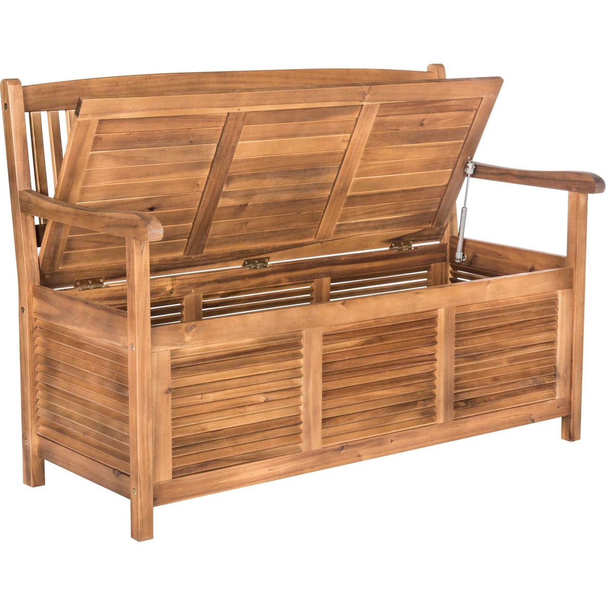 The natural wood bench's hinged seat lifts to expose deep storage, held open by metal hardware.