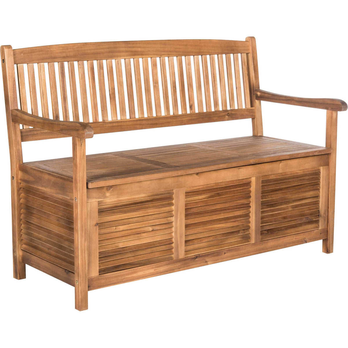 Warm natural acacia wood and curved arms bring rustic character to this slatted storage bench. || PAT7017B || front_angle_studio