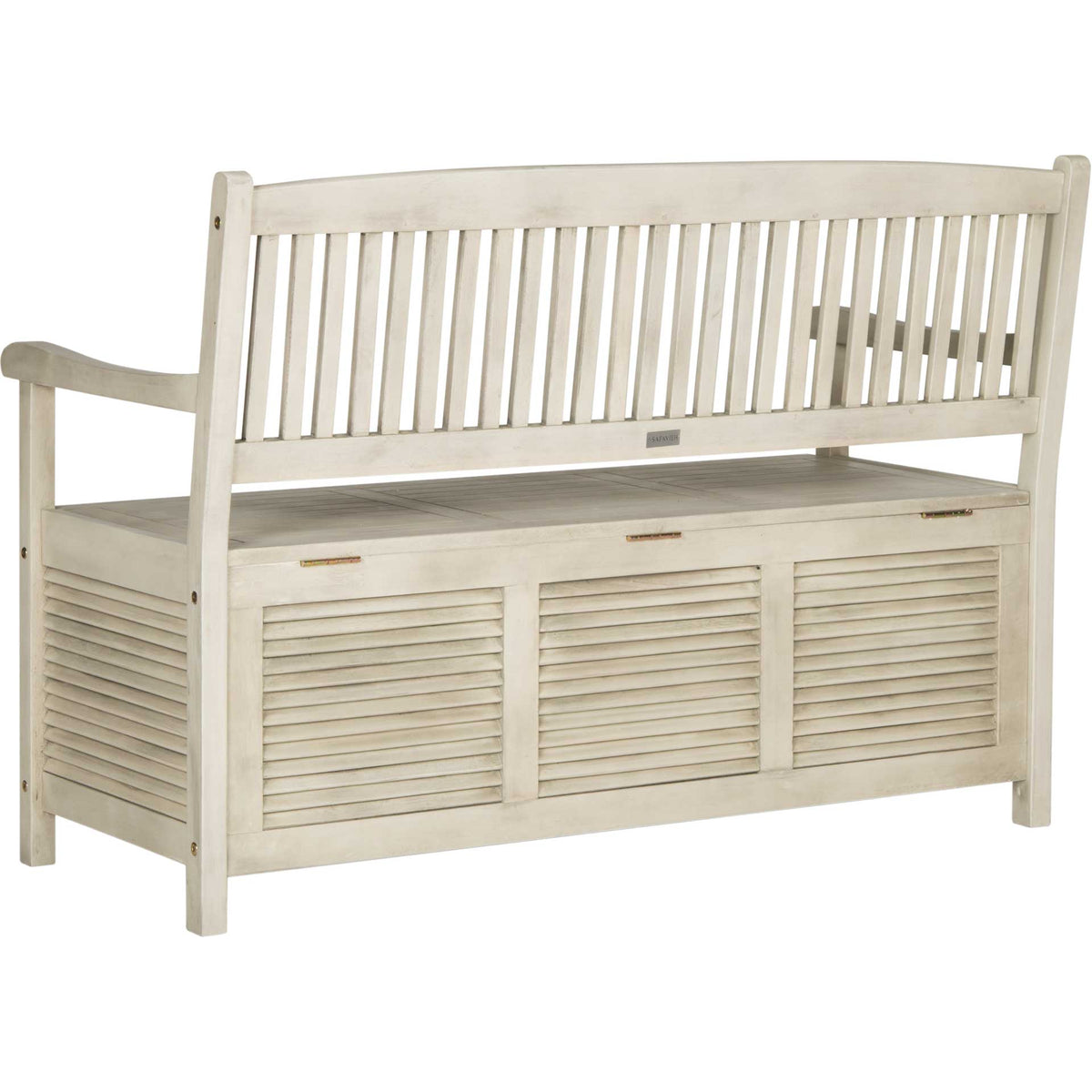 Vertical back slats and a hinged seat complement the distressed white bench's louvered storage base.
