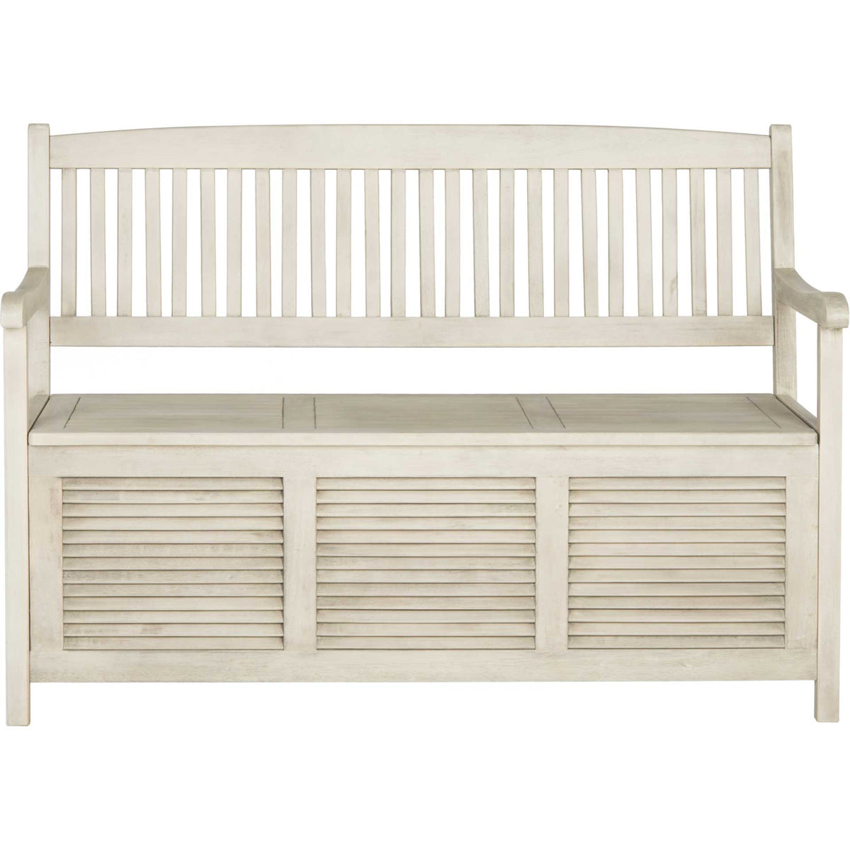 The distressed white bench seats two above a hidden compartment framed by three louvered panels. || PAT7017C || front_studio