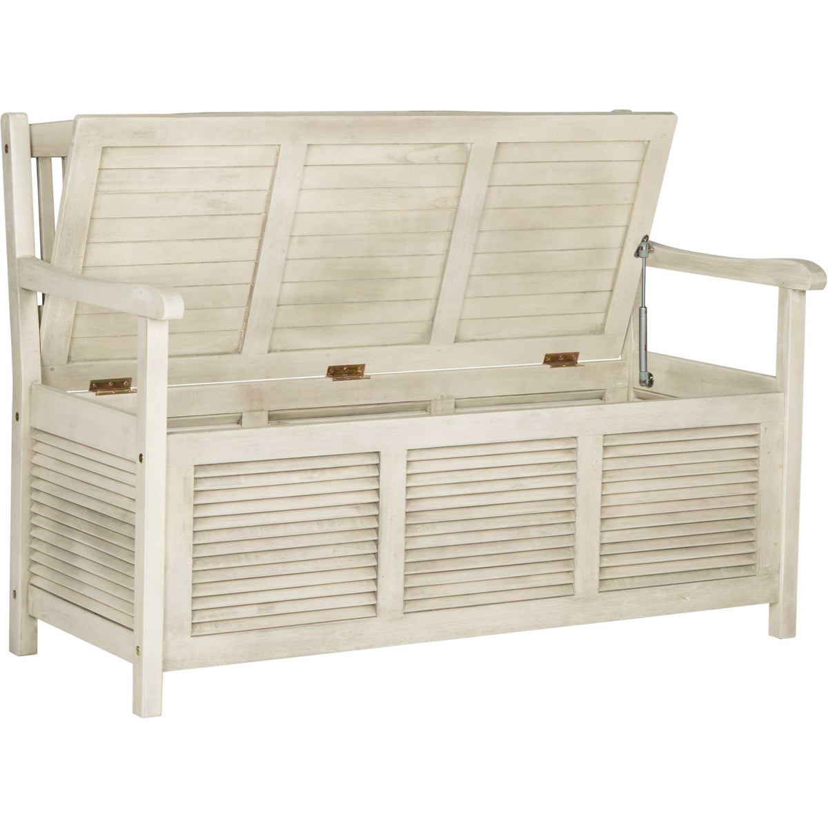 A lift-up wooden seat reveals spacious storage, with a metal support holding the lid open.