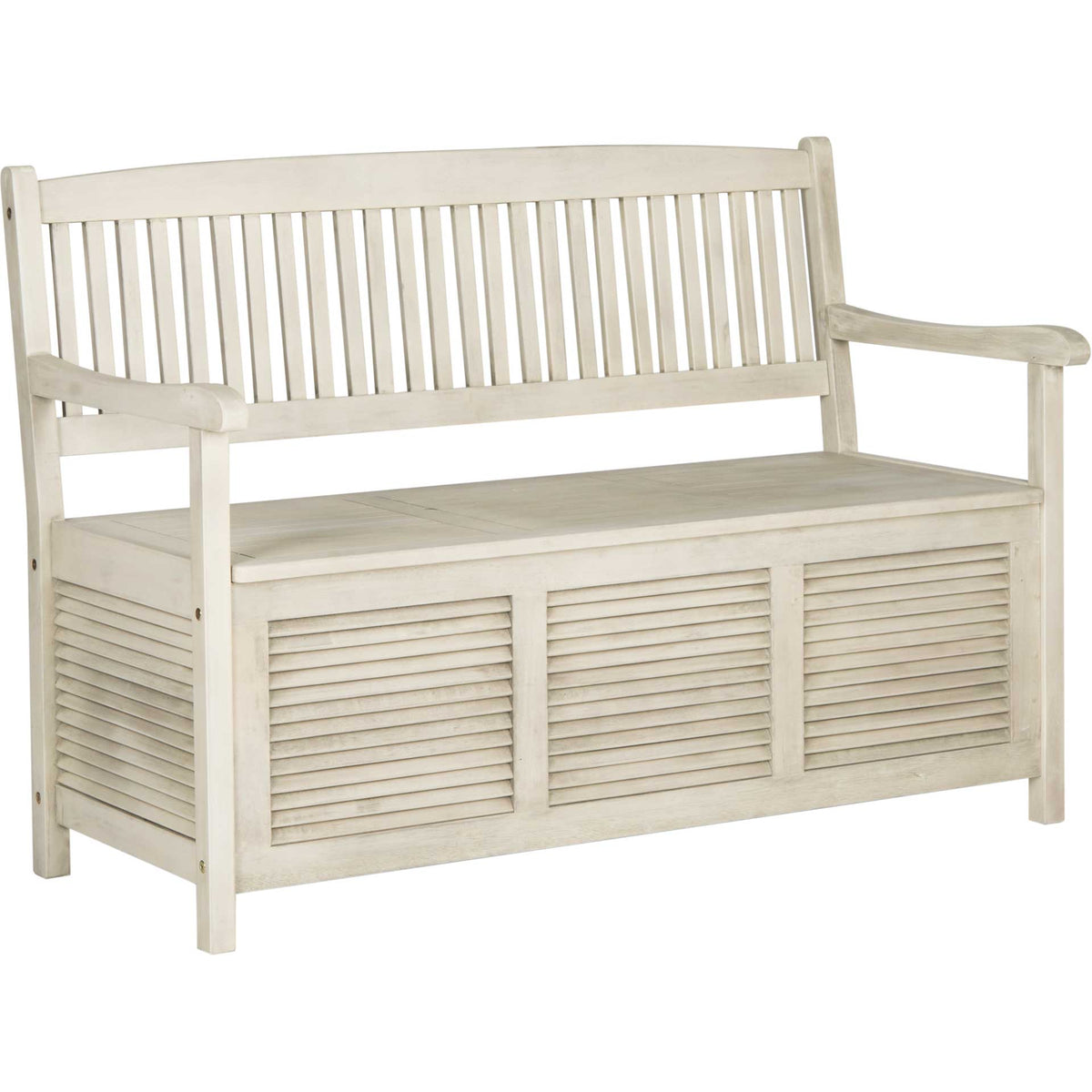 Distressed white acacia bench pairs a slatted back and curved arms with louvered storage panels. || PAT7017C || front_angle_studio