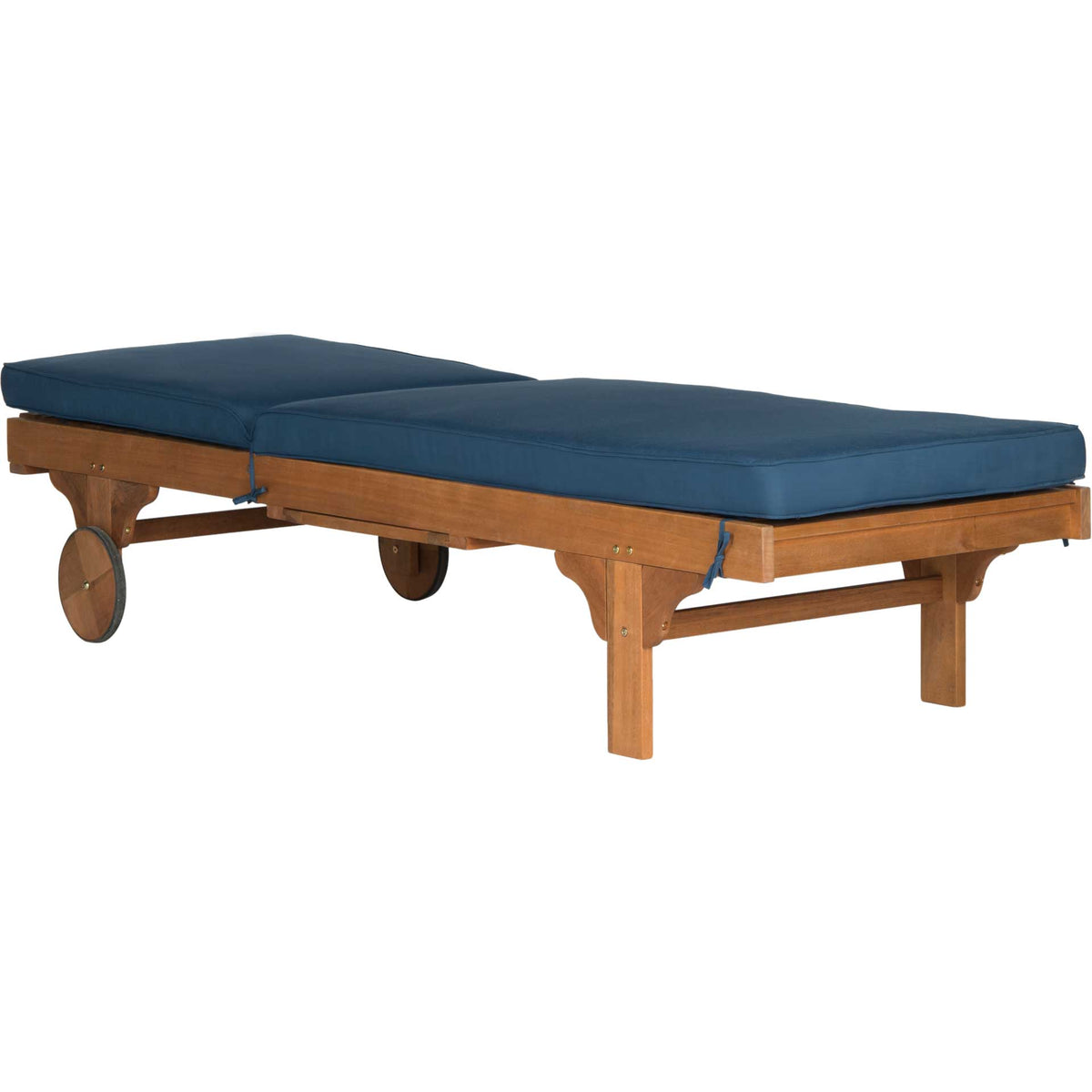 Navy cushions create a flat lounging surface above a natural wood frame with rear wheels.
