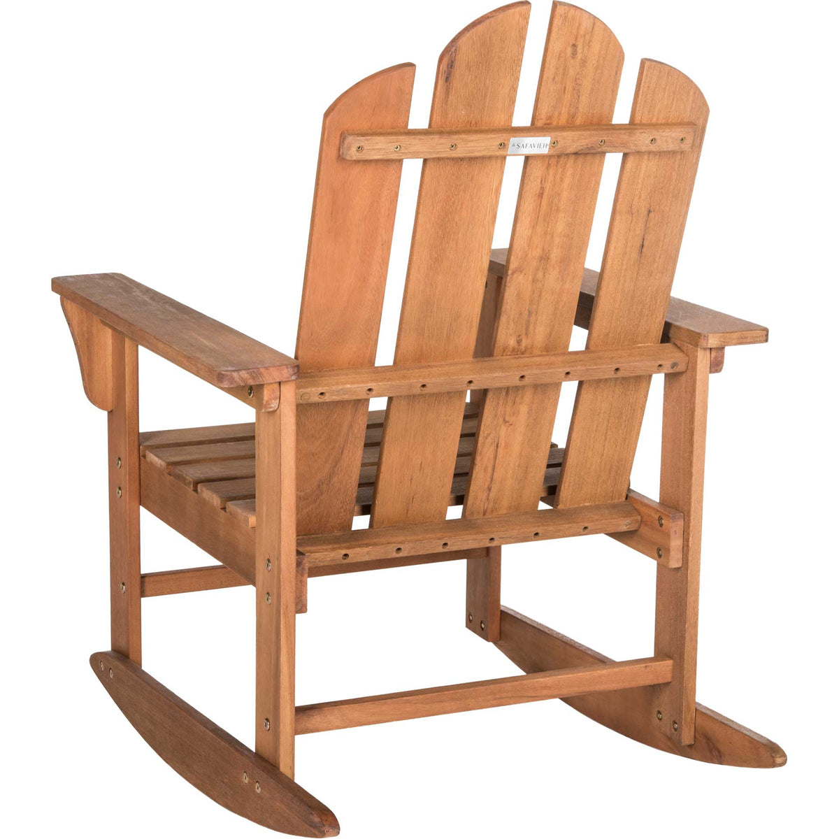 Open back slats and wood crossbars complement the broad arms and curved runners of this eucalyptus rocker.