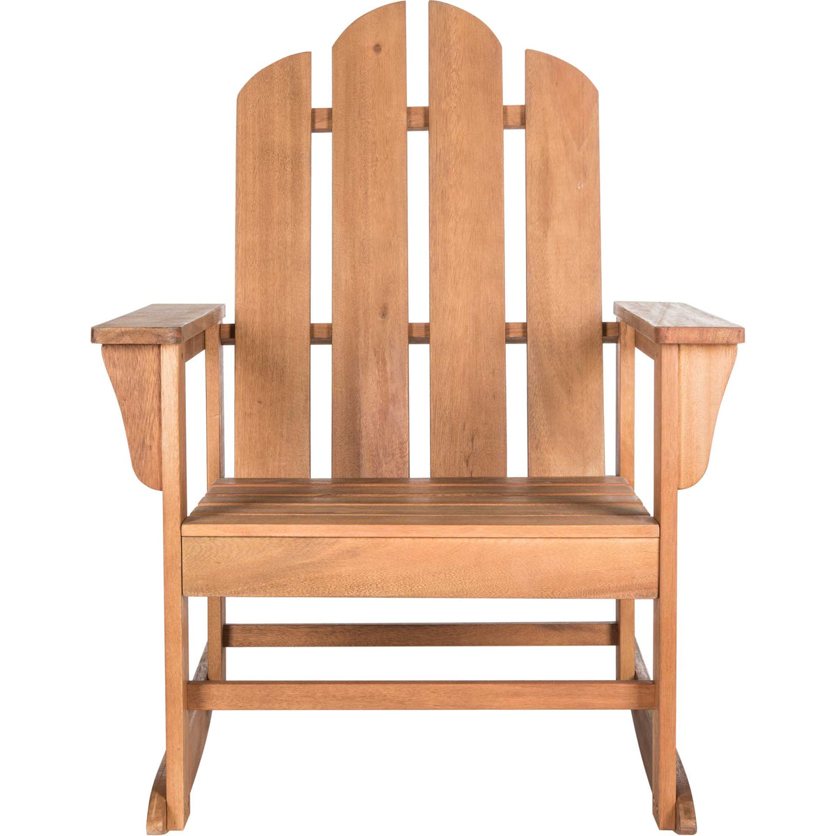 A tall, rounded slatted back and broad armrests give this natural wood rocker classic outdoor charm. || PAT7023C || front_studio