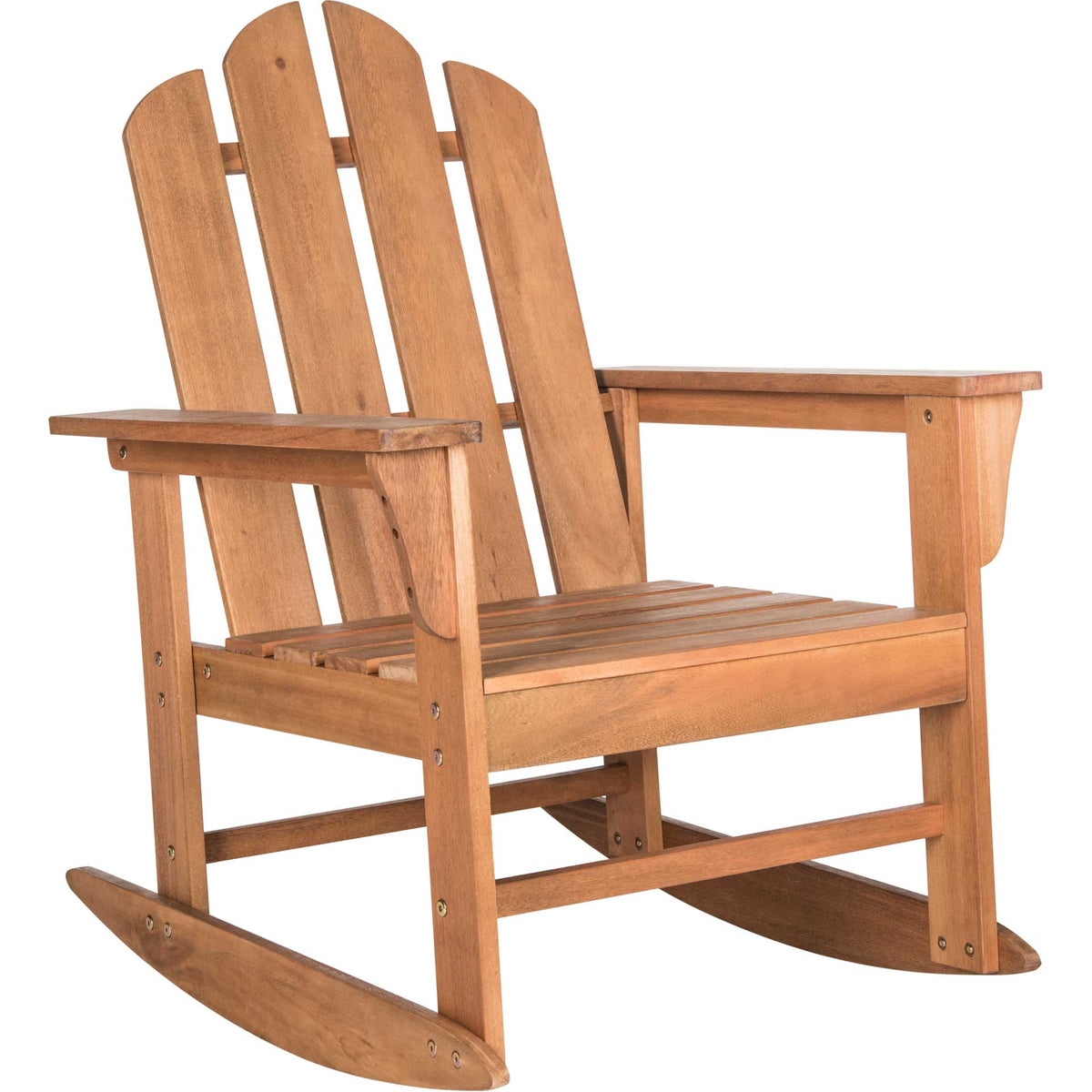 Natural eucalyptus wood rocking chair with a slatted seat, wide arms, and curved runners. || PAT7023C || front_angle_studio