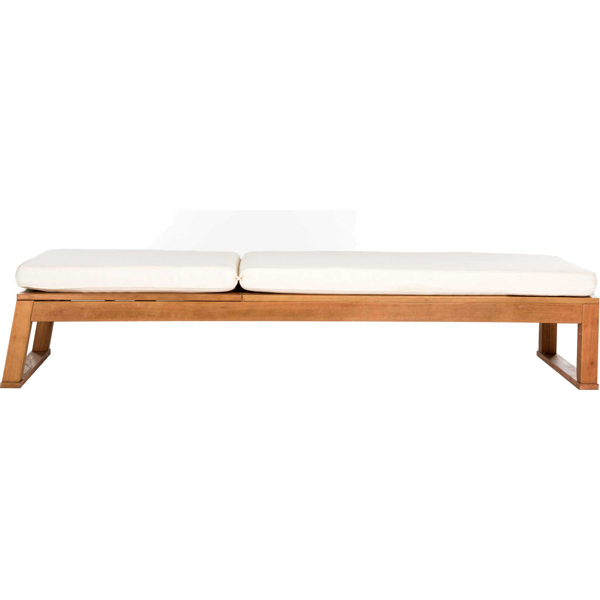 The beige-cushioned backrest reclines flat on a low wood frame for stretching out in the sun.